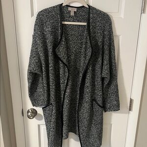 LOFT Cozy Gray Marled Long Open Cardigan faux leather trim patch pockets XS/S